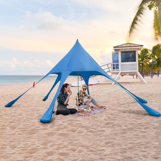 Goplus Beach Canopy, 20 x 20 FT Beach Shade with UPF50+ Sun Protection, Carrying Bag, Sand Shovel, Aluminum Pole, 6 Ground Stake