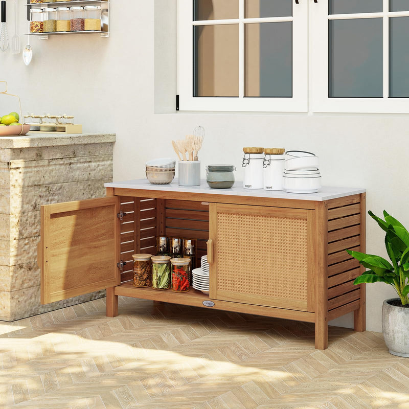 Load image into Gallery viewer, Goplus Outdoor Acacia Wood Storage Cabinet Outside Tool Cabinet with Fax Marble Top
