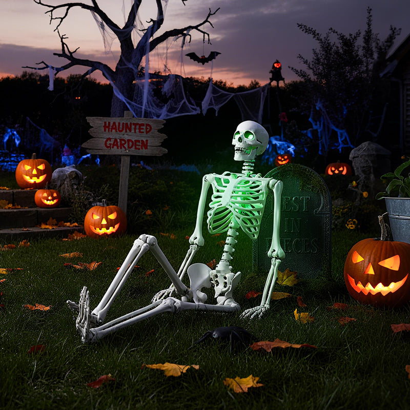 Load image into Gallery viewer, Goplus 63&quot; Life-Size Posable Skeleton with Green LED Lights Halloween Lighted Skeleton Decoration
