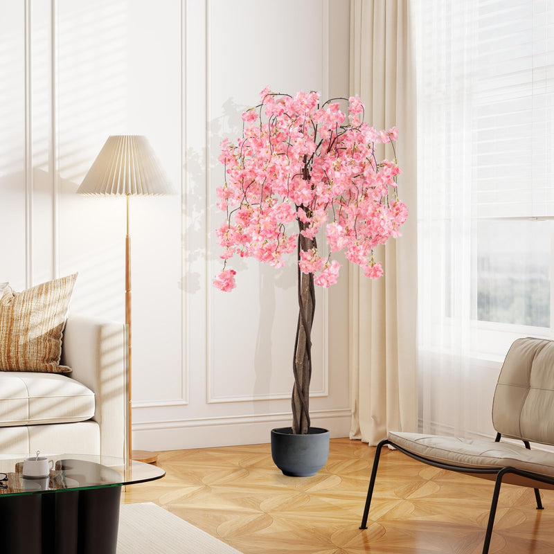 Load image into Gallery viewer, Goplus 5.5FT Artificial Cherry Blossom Tree Faux Floral Plant Blooming Tree in Nursery Pot
