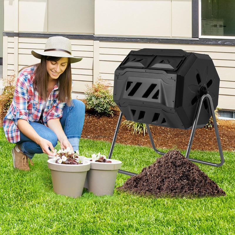 Load image into Gallery viewer, Goplus Compost Bin, 42-Gal Dual Chamber Composting Tumbler w/2 Sliding Doors, Heavy-Duty Metal Frame
