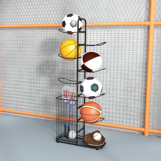 Goplus Garage Sports Equipment Organizer, 7 Ball Storage Rack with Basket, 7-Tier Detachable Stand