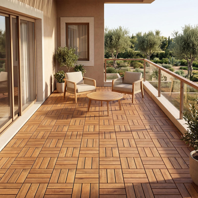 Load image into Gallery viewer, Goplus Checkered Acacia Wood Deck Tiles 12" x 12" Interlocking Floor Tiles for Patio
