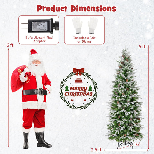 Goplus 6 FT Pre-Lit Pencil Christmas Tree, Artificial Snow Flocked Hinged Xmas Tree with 280 Warm-White LED Lights