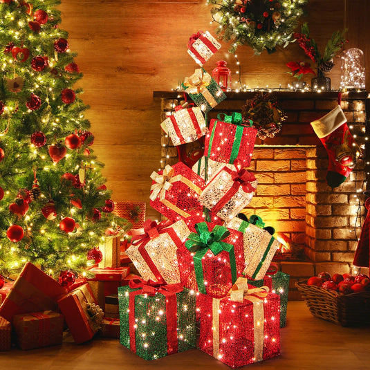 Goplus 15 Pieces Stackable Pre-lit Lighted Boxes Tower w/ 450 Warm White Lights