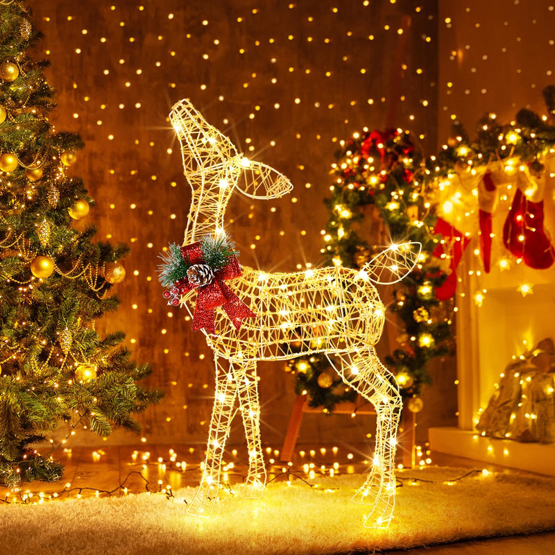 Load image into Gallery viewer, Goplus Christmas Pre-Lit Reindeer, Lighted Baby Deer w/ 50 Warm White LED Lights &amp; Red Bow
