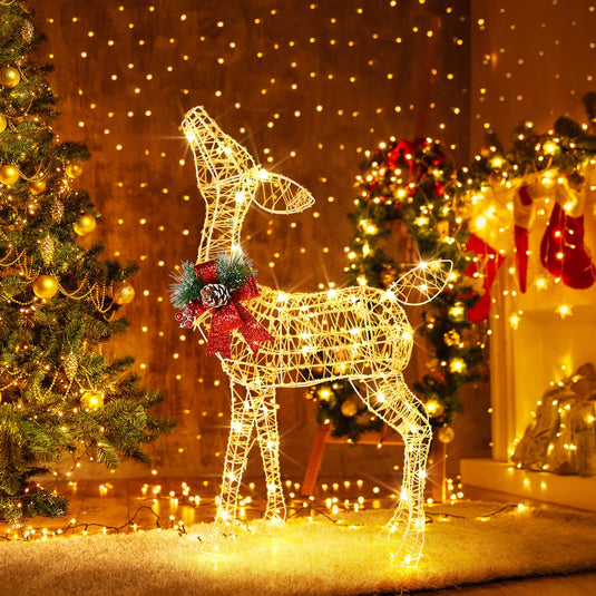 Goplus Christmas Pre-Lit Reindeer, Lighted Baby Deer w/ 50 Warm White LED Lights & Red Bow