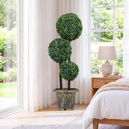 Goplus 3 FT Artificial Boxwood Topiary Tree Sun-Protective Triple Ball Fake Plants Shrubs (1/2 Pack)