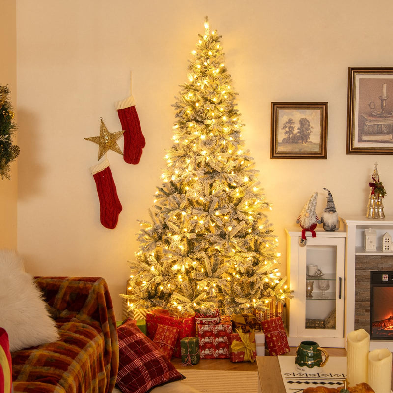 Load image into Gallery viewer, Goplus 7 FT Half Snow Flocked Christmas Tree with 240 Warm White &amp; Multicolored LED Lights
