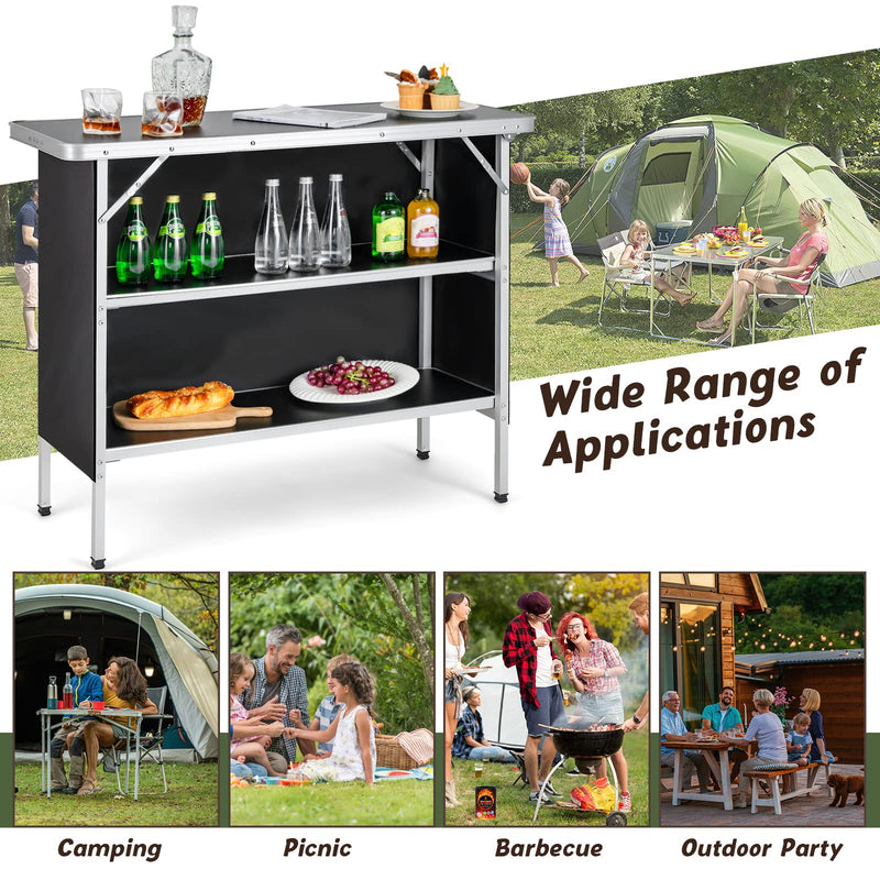 Load image into Gallery viewer, Goplus Folding Camping Table, Aluminum Portable Pop-Up Bar Table with 2-Tier Storage Shelves
