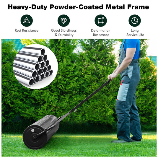 Goplus Lawn Roller, Push/Tow-Behind Lawn Roller, 17 Gallon/63L Water/Sand-Filled Sod Roller with Detachable Gripping Handle