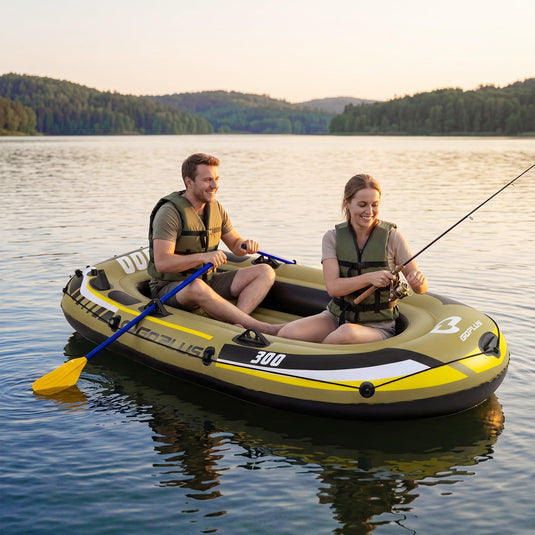 Goplus 3/4 Person Heavy-Duty Fishing Raft Set with Oars Bolster Seats Pouch & Rod Holders
