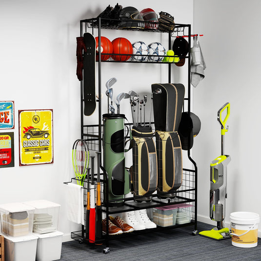 Goplus 3 Golf Bags Storage Garage Organizer Mobile Sports Equipment Organizer with Wheels
