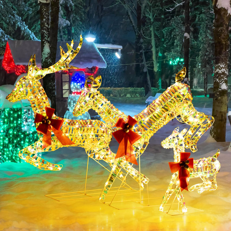Load image into Gallery viewer, Goplus Christmas Lighted Reindeer, Set of 3 Reindeer Decorations with LED Lights and Red Bows
