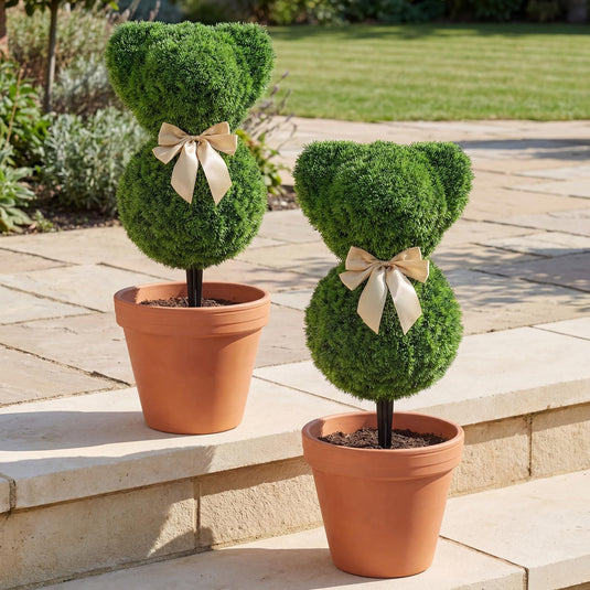 Goplus 2 Pcs Teddy Bear Topiary Trees 16.5”Sun-Resistant Faux Boxwood Plants