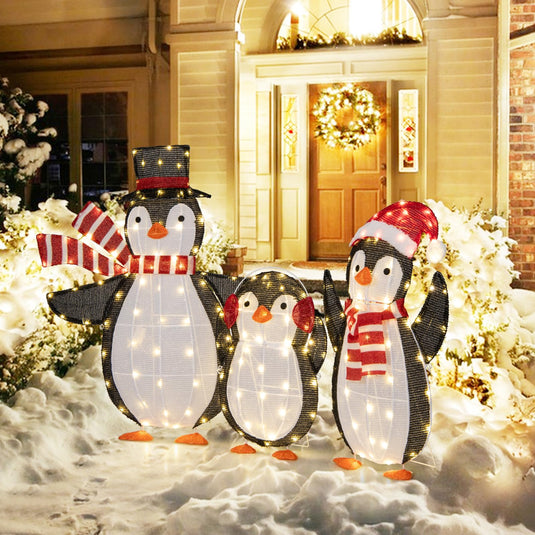 Goplus Set of 3 Lighted Christmas Penguins with LED Lights Outdoor Glowing Holiday Display