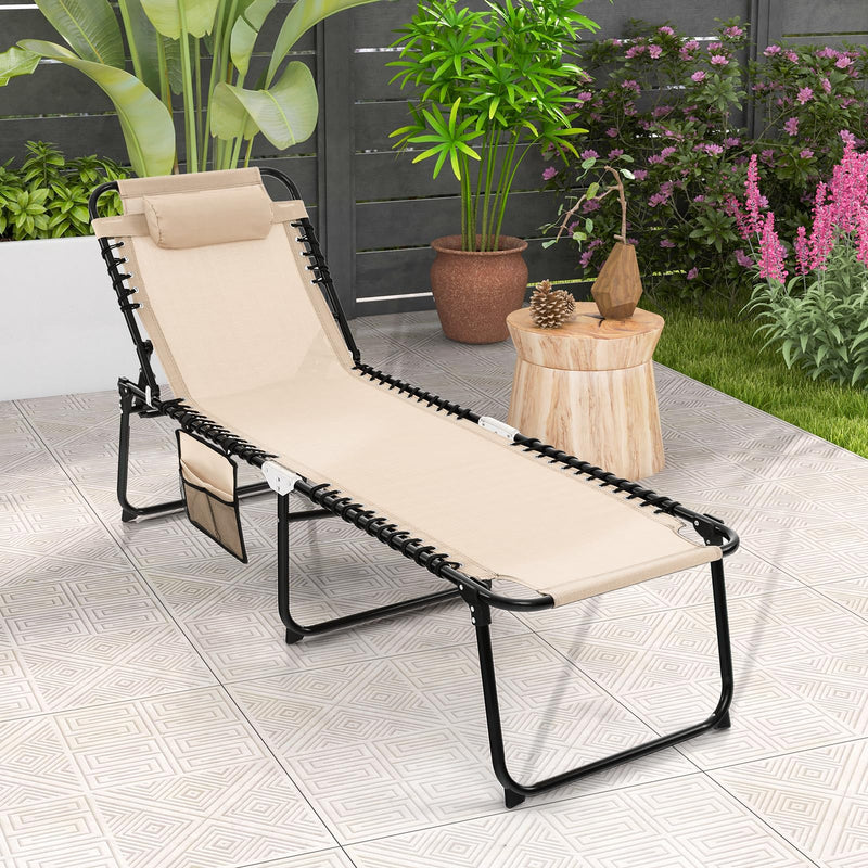 Load image into Gallery viewer, Goplus Beach Lounge Chair, Folding Chaise Lounger with Detachable Pillow &amp; Adjustable 4-Level Backrest &amp; 2-Level Footrest
