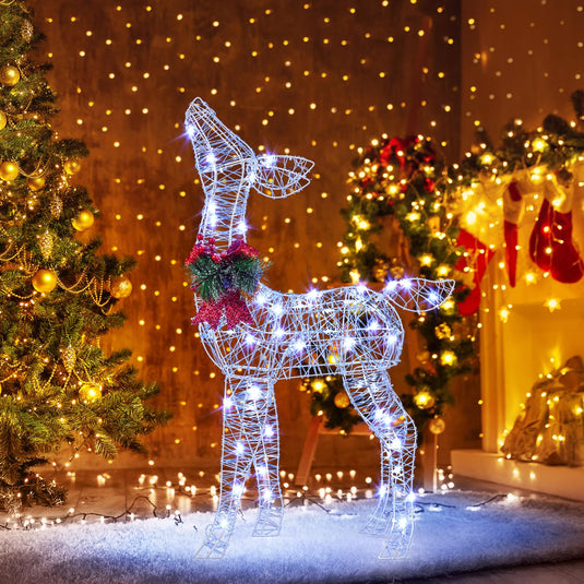 Goplus Christmas Pre-Lit Reindeer | 50 Cold White LED Lights & Red Bow Stakes & Zip Ties Included