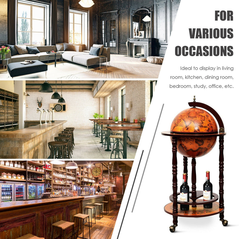 Load image into Gallery viewer, 17&quot; Wood Globe Wine Bar Stand 16th Century Italian Rack Liquor Bottle Shelf with Wheels - GoplusUS
