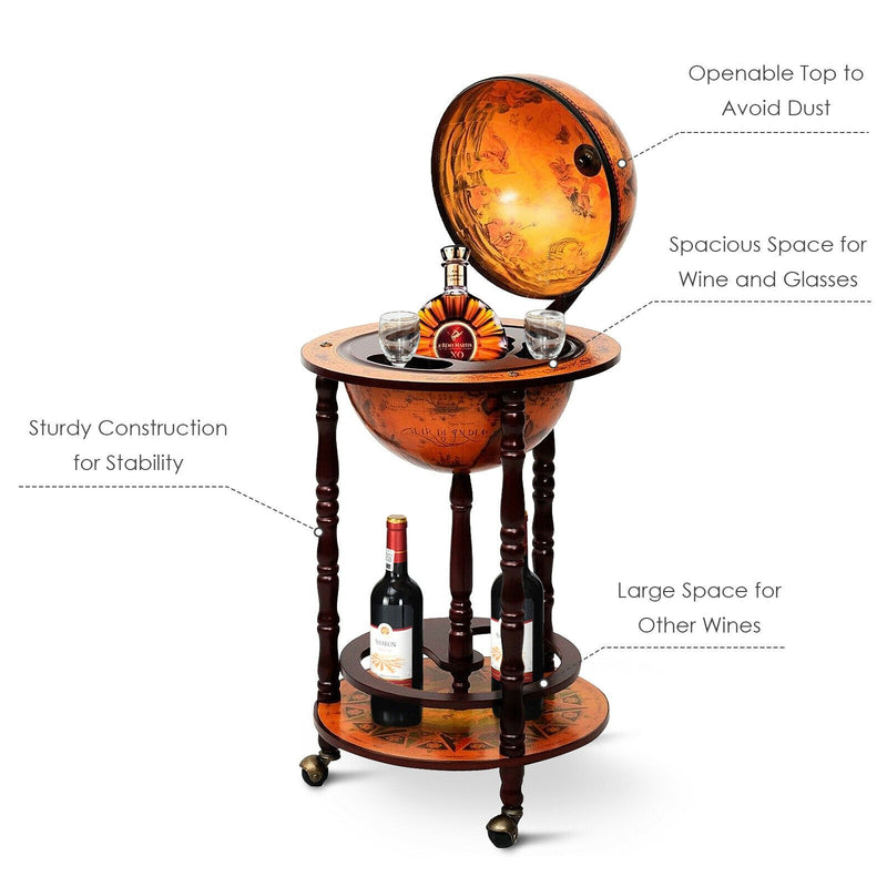 Load image into Gallery viewer, 17&quot; Wood Globe Wine Bar Stand 16th Century Italian Rack Liquor Bottle Shelf with Wheels - GoplusUS
