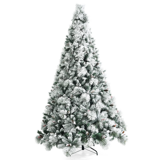 Goplus Snow Flocked Christmas Tree, Artificial Hinged Xmas Pine Tree,Pine Cone & Red Berries - GoplusUS