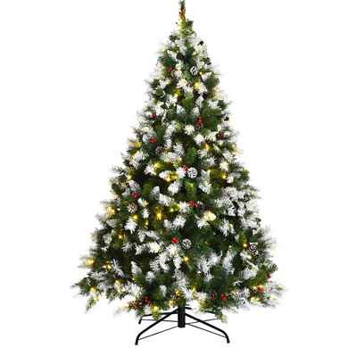 Goplus Pre-lit Snow Flocked Christmas Tree,Hinged Artificial Xmas Tree, Indoor Holiday Festival Decoration - GoplusUS