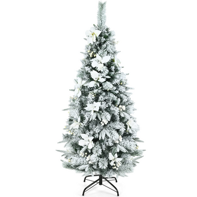 Goplus Snow Flocked Pencil Christmas Tree, Hinged Artificial Skinny Xmas Tree with White Berries - GoplusUS