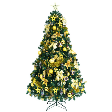 Goplus 7.5FT Pre-Lit Christmas Tree, Artificial Xmas Tree w/ 140 Golden Ornaments, 250 Replaceable LED Lights & 1100 Branch Tips - GoplusUS