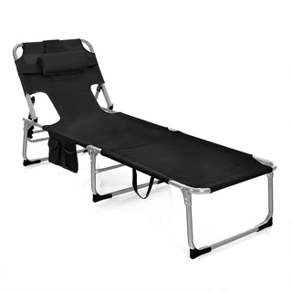 Beach Chaise Lounge with Face Hole, Folding Recliner  Black/Gray/Sky Blue/Navy - GoplusUS