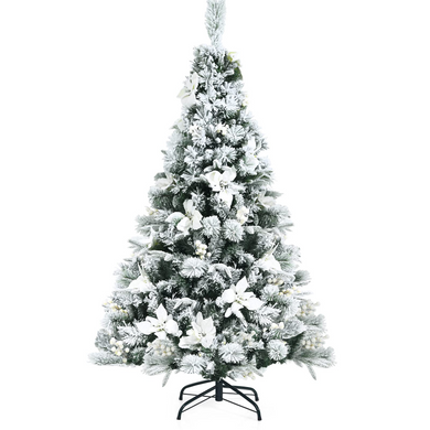Goplus Snow Flocked Artificial Christmas Tree, Hinged Xmas Tree w/ Folding Metal Stand, Office, Party, Wedding - GoplusUS