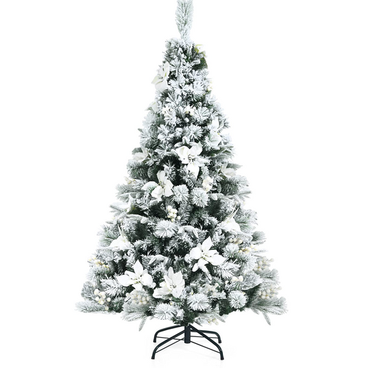 Goplus Snow Flocked Artificial Christmas Tree, Hinged Xmas Tree w/ Folding Metal Stand, Office, Party, Wedding - GoplusUS