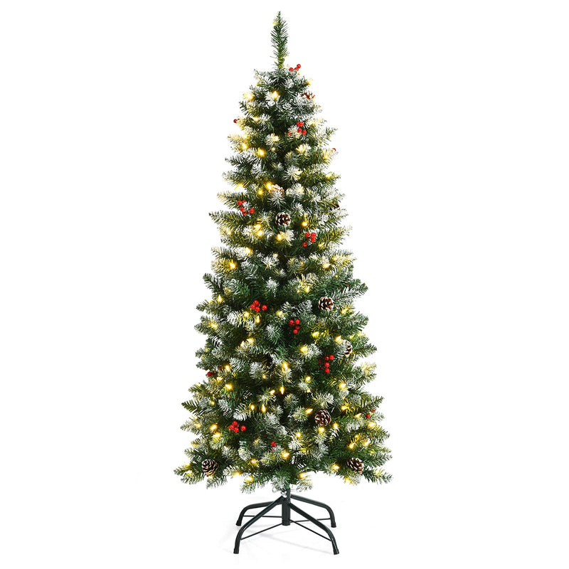 Load image into Gallery viewer, 5ft Pre-lit Pencil Christmas Tree, Snow Flocked Artificial Hinged Xmas Tree - GoplusUS

