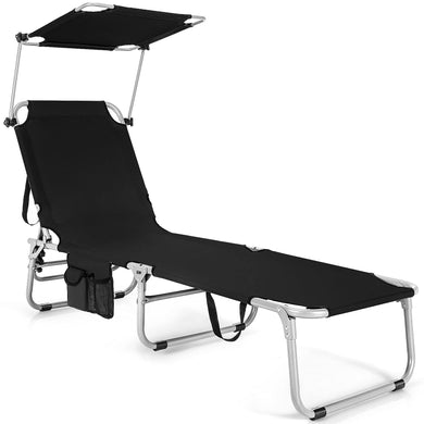 Folding Lounge Chair w/Shade Canopy and Storage Pocket - GoplusUS