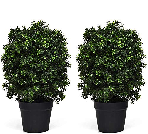 Goplus 2 Pack 2Ft Artificial Boxwood Topiary Ball Tree, UV-Proof Realistic Leaves & Cement-Filled Pot - GoplusUS