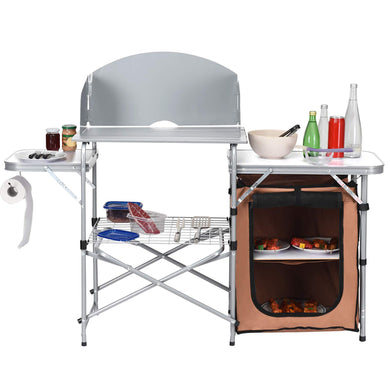Folding Grill Table with Storage, Aluminum Outdoor Camping Kitchen Table with 26'' Tabletop - GoplusUS