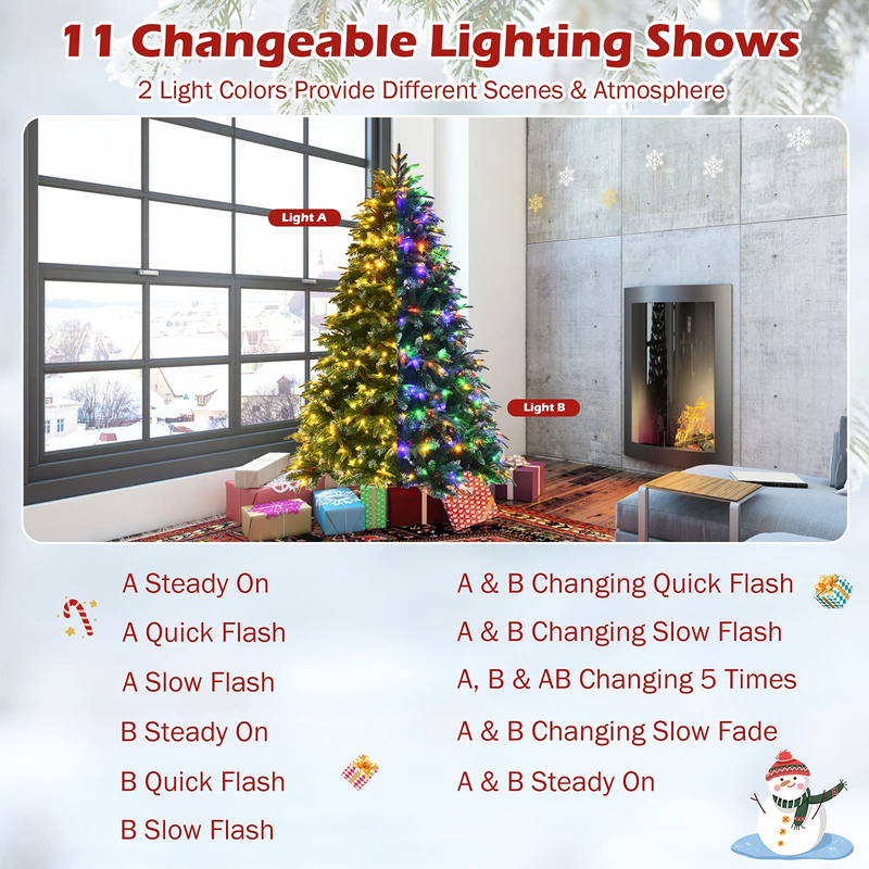 Load image into Gallery viewer, Goplus 7FT Pre-Lit Artificial Christmas Tree, Hinged Realistic Snowy Xmas Pine Tree W/ 450 Color Changing LED Lights, 11 Flash Modes - GoplusUS
