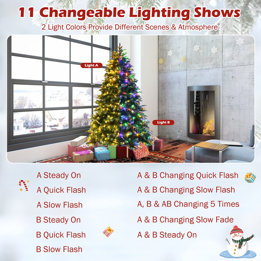 Goplus 7FT Pre-Lit Artificial Christmas Tree, Hinged Realistic Snowy Xmas Pine Tree W/ 450 Color Changing LED Lights, 11 Flash Modes - GoplusUS