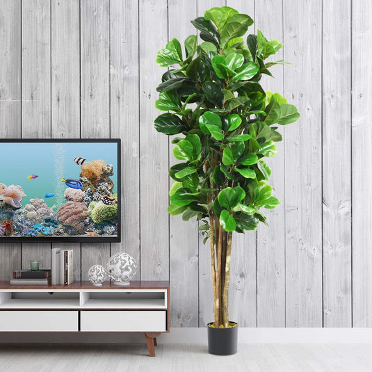 Fake Fiddle Leaf Fig Tree Artificial Greenery Plants in Pots Decorative Trees (5ft) - GoplusUS