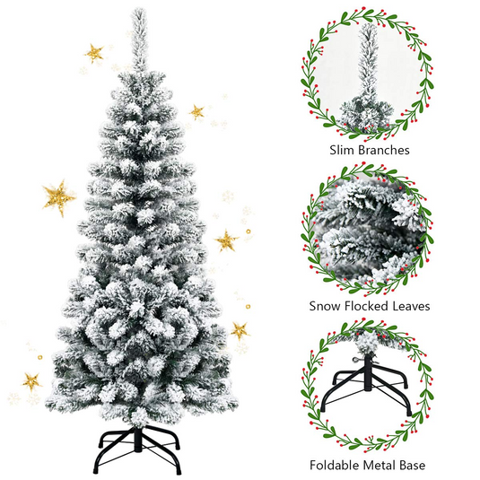 Goplus Artificial Snow Flocked Christmas Tree, Slim Xmas Snowy Tree for Indoor and Outdoor Use - GoplusUS