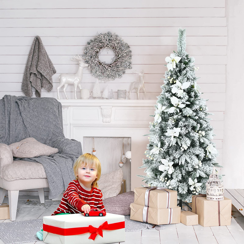 Load image into Gallery viewer, Goplus Snow Flocked Pencil Christmas Tree, Hinged Artificial Skinny Xmas Tree with White Berries - GoplusUS
