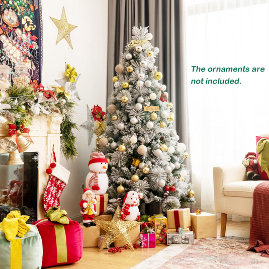Goplus Snow Flocked Christmas Tree, Artificial Hinged Xmas Pine Tree,Pine Cone & Red Berries - GoplusUS
