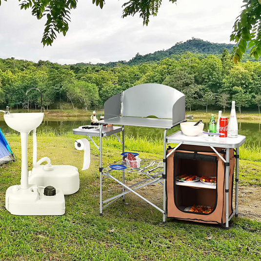 Folding Grill Table with Storage, Aluminum Outdoor Camping Kitchen Table with 26'' Tabletop - GoplusUS