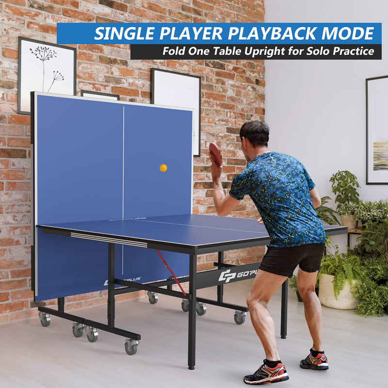 Load image into Gallery viewer, Goplus Foldable Table Tennis Table, 9&#39;x5&#39; Professional Ping Pong Table with Quick Clamp Net &amp; Post Set &amp; Wheels - GoplusUS
