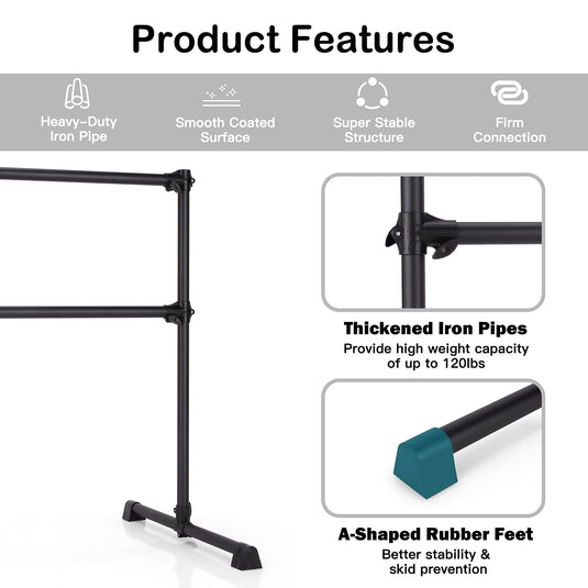 Goplus Double Ballet Barre Bar, Portable 4 FT Freestanding Dancing Bar w/ 7" - 46" Adjustable Height - GoplusUS