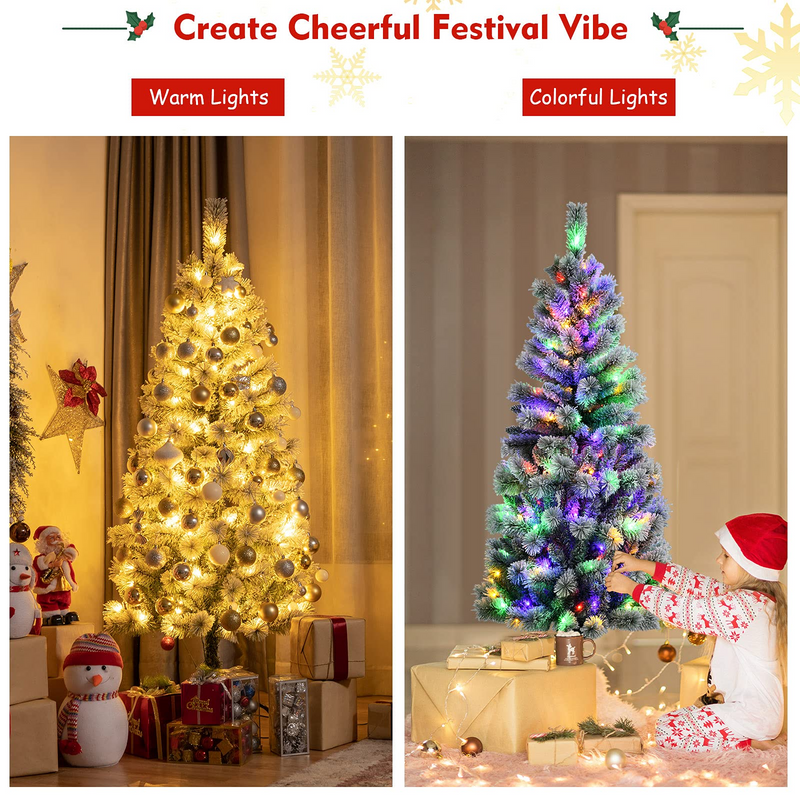 Load image into Gallery viewer, Goplus 5ft Pre-lit Snow Flocked Christmas Tree, Premium Hinged Artificial Pine Tree w/ 9 Lighting Modes &amp; 140 Color Changing LED Lights - GoplusUS
