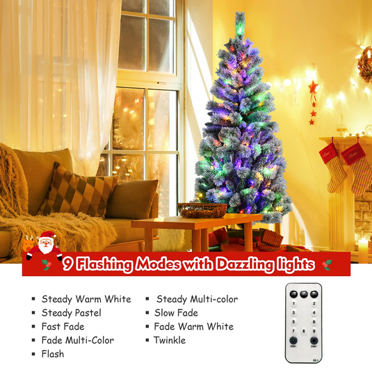 Goplus Snow Flocked Christmas Tree, Premium Hinged Artificial Pine Tree, Remote Controller, Xmas Full Tree for Indoor - GoplusUS
