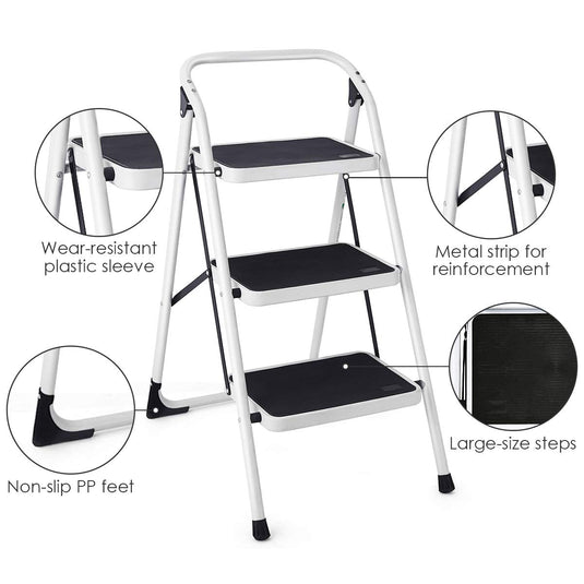 Goplus 3 Step Ladder, Folding Heavy Duty Step Stool Lightweight Steel Ladder, 340lbs Capacity (Black) - GoplusUS