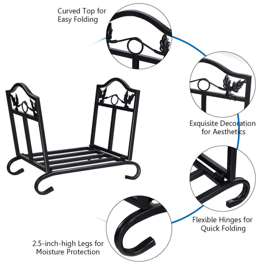 Goplus Foldable Firewood Log Rack, Wrought Iron Firewood Storage Carrier - GoplusUS