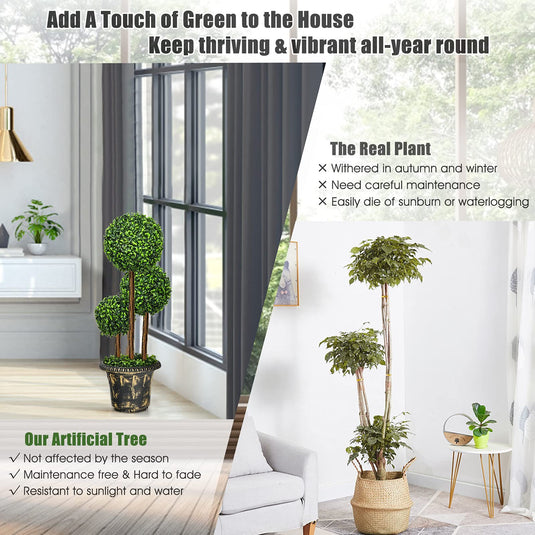 2.5 Ft/3 Ft  Artificial Boxwood Topiary Tree, Fake Greenery Plants Triple Ball Tree - GoplusUS