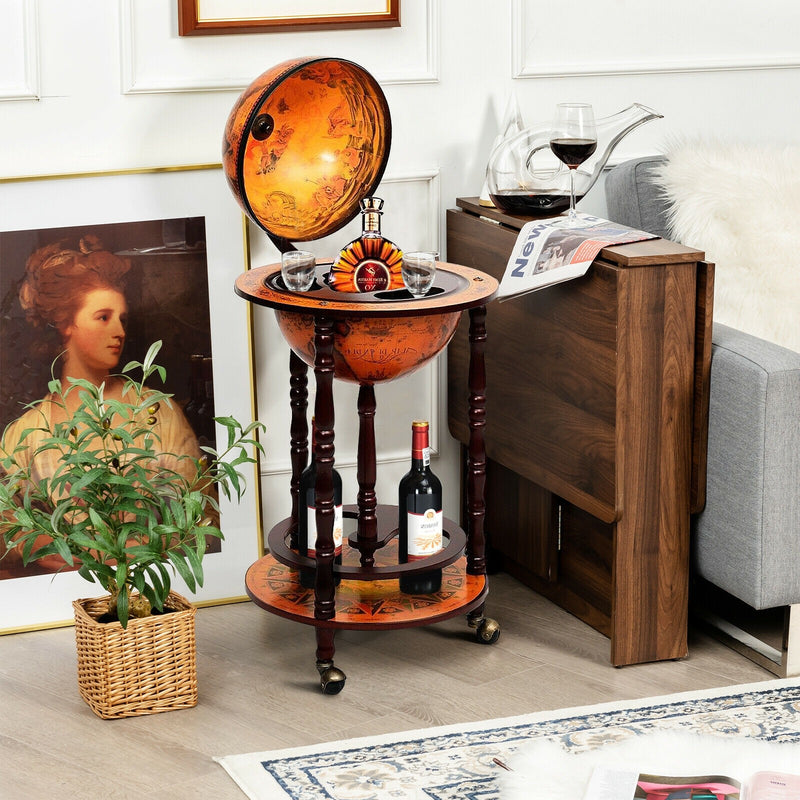 Load image into Gallery viewer, 17&quot; Wood Globe Wine Bar Stand 16th Century Italian Rack Liquor Bottle Shelf with Wheels - GoplusUS
